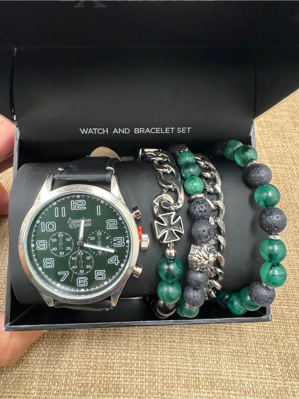 American Exchange Men’s Quartz Chronograph Green Dial Black Leather Strap Box